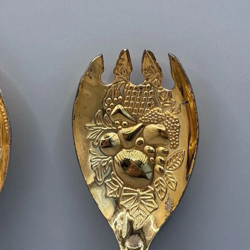 Vintage Gold/Silver  Tone Salad Serving Spoon Fork Set Embossed Fruit Pattern